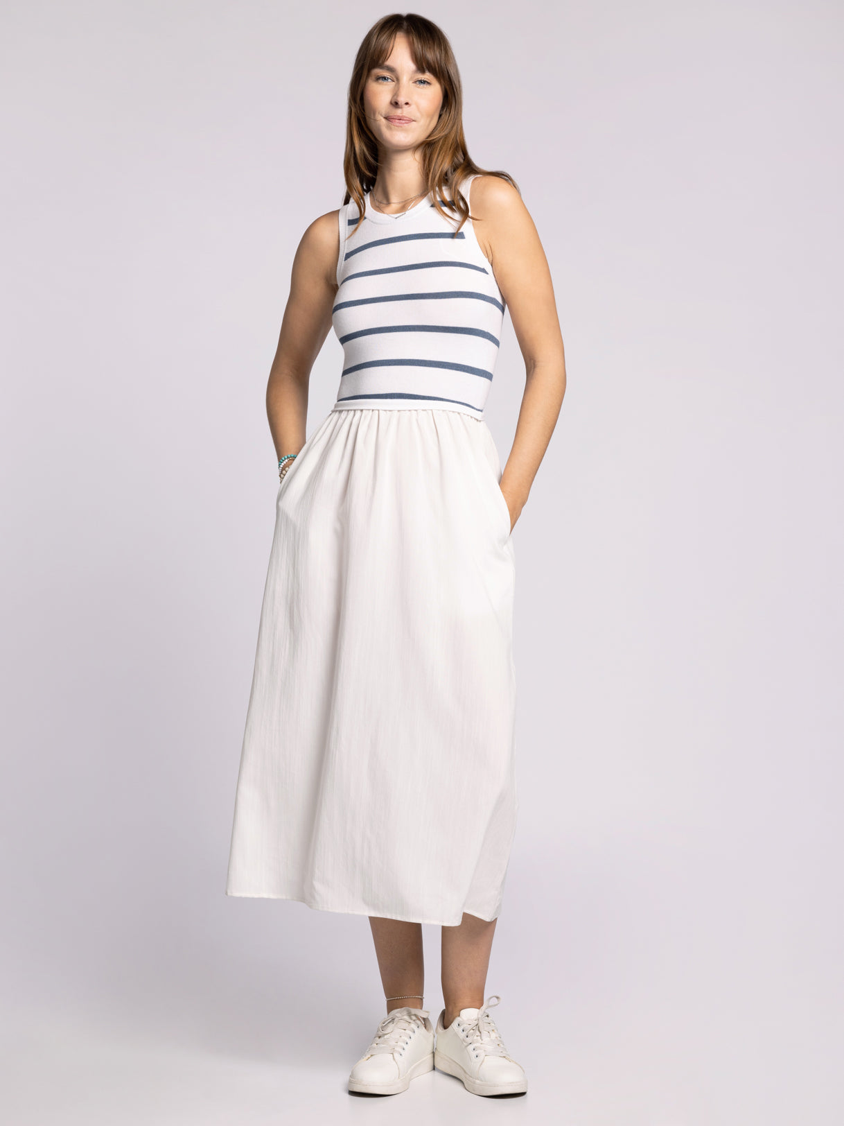 off the shoulder white midi dress Marjorie Mixed Media Off Shoulder Midi Dress