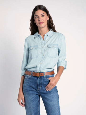 Buy Kevin Blue Denim Shirt (Full Sleeves Classic Collar, Solid Design with  Front Double Pockets) Stretchable and Comfortable Casual Shirt, Formal  Shirts Girl and Women (M, Light Blue) at Amazon.in